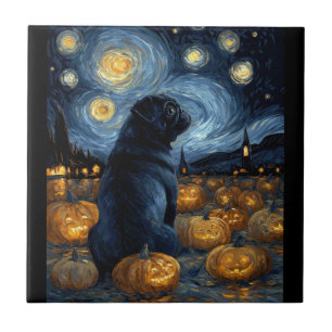 Black Pug dog of van gogh starry night halloween F Tile