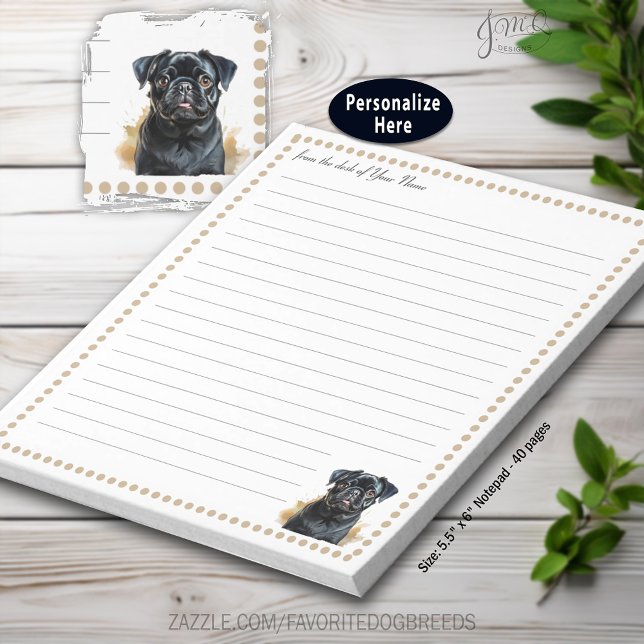 Black Pug Dog Personalised lined Notepad (Black Pug Dog Personalized lined Notepad)