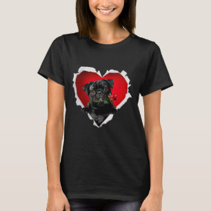 BLACK Pug Dog Rose Heart Valentines Day Couple Men T-Shirt