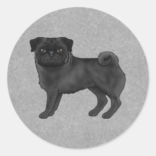 Black Pug Dog Standing Cute Cartoon Illustration Classic Round Sticker