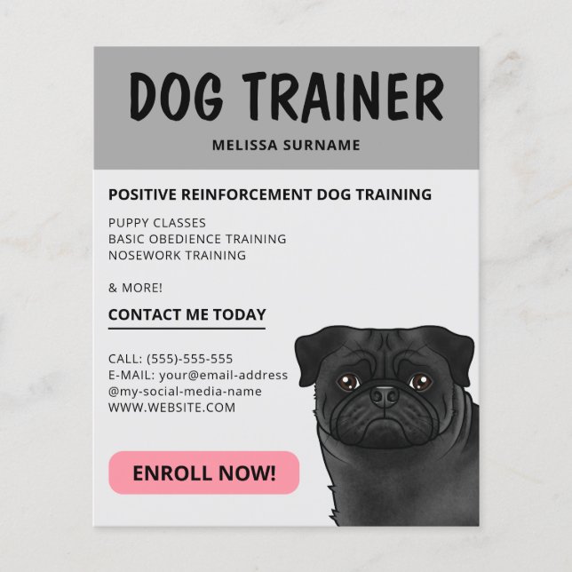 Black Pug Dog Trainer Dog Pet Service Grey Flyer (Front)