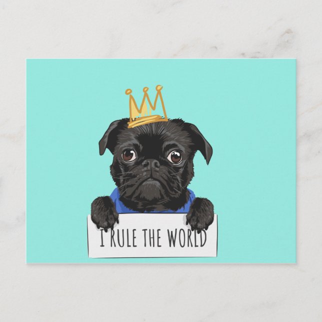 Black Pug Dog W / Crown Rule The World Postcard (Front)