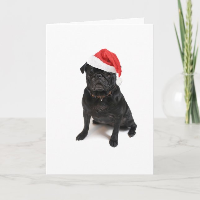 Black pug dog with red santa hat holiday card (Front)