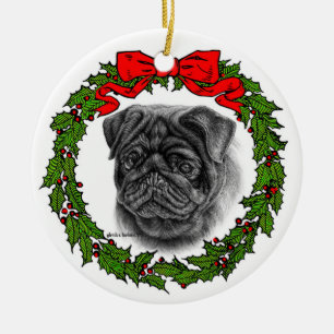Black Pug Drawing by Glenda S. Harlan Ceramic Tree Decoration