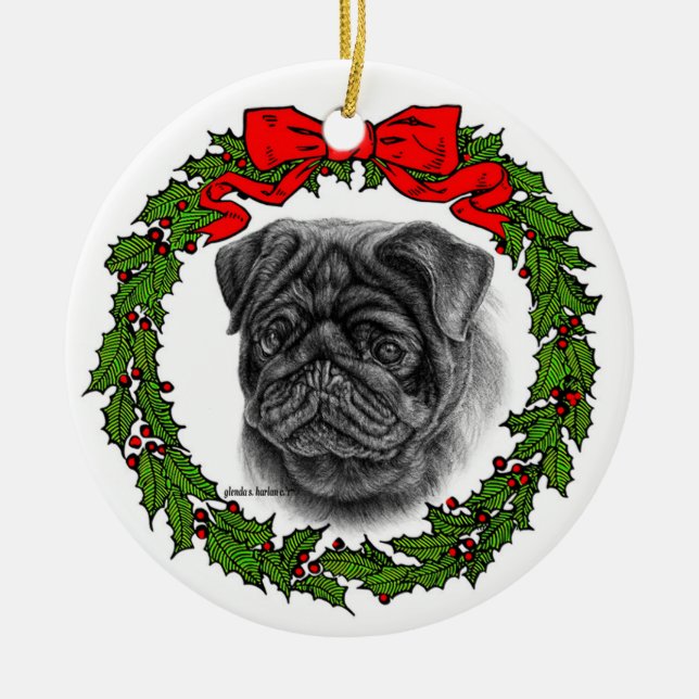 Black Pug Drawing by Glenda S. Harlan Ceramic Tree Decoration (Front)