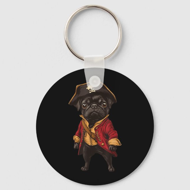 Black Pug Dressed As A Pirate Funny Dog Pug Key Ring (Front)