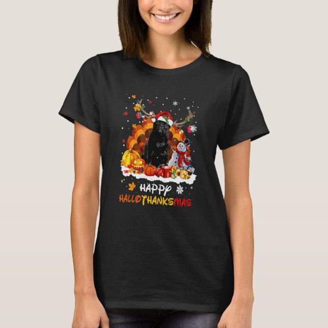Black Pug Happy Hallothanksmas T-Shirt (Front)