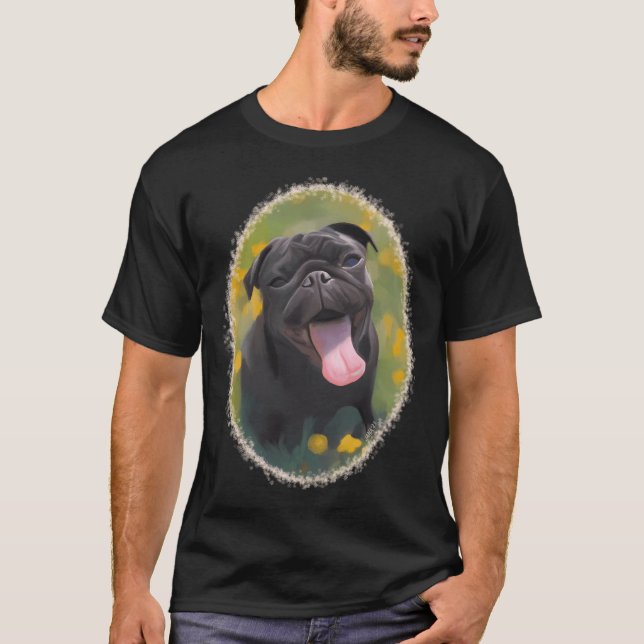 Black Pug in a Spring Meadow T-Shirt (Front)