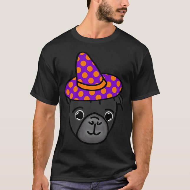 Black Pug in Polka dot Witch Hat T-Shirt (Front)