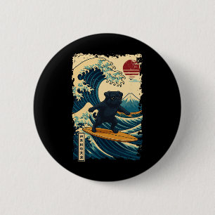 Black Pug Japanese Kanagawa Wave Surfing Japan Mom 6 Cm Round Badge