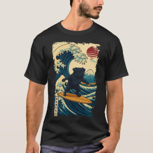 Black Pug Japanese Kanagawa Wave Surfing Japan Mom T-Shirt
