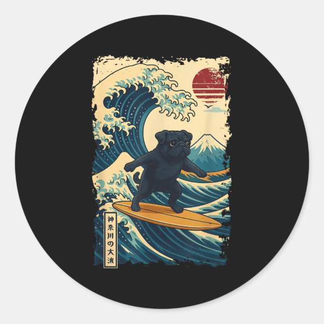 Black Pug Japanese Kanagawa Wave Surfing Japan Mum Classic Round Sticker (Front)