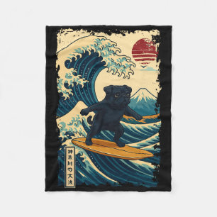 Black Pug Japanese Kanagawa Wave Surfing Japan Mum Fleece Blanket