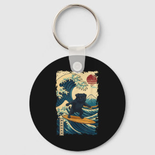 Black Pug Japanese Kanagawa Wave Surfing Japan Mum Key Ring