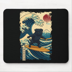 Black Pug Japanese Kanagawa Wave Surfing Japan Mum Mouse Mat