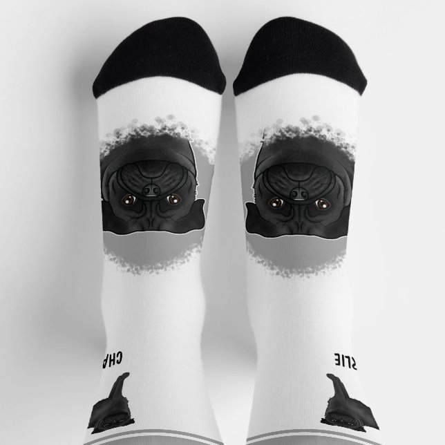 Black Pug Mops Dog Breed Design With Custom Name Socks (Top)