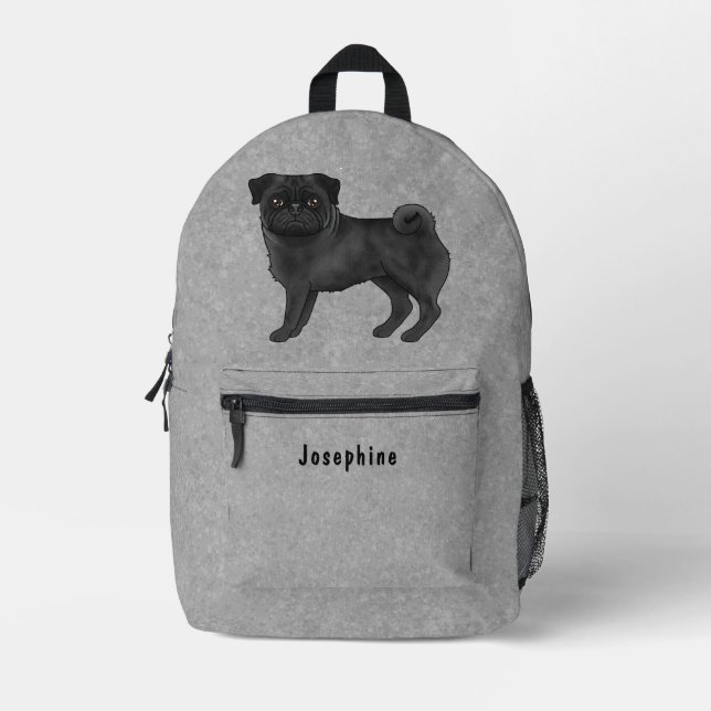 Black Pug Mops Dog Breed Design With Custom Text Printed Backpack (Front)