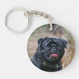 Black Pug Panting While Looking at Camera Key Ring