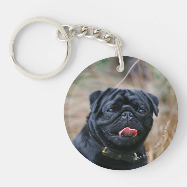 Black Pug Panting While Looking at Camera Key Ring (Front)