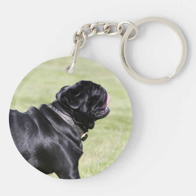 Black Pug Panting While Walking Key Ring (Back)