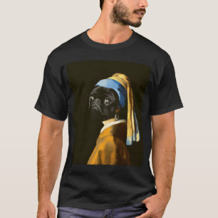 Black Pug Portrait Girl with a pearl earring - Jan T-Shirt