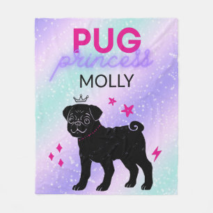 BLACK" PUG PRINCESS" FLEECE BLANKET PERSONALIZED.