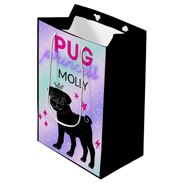 BLACK" PUG PRINCESS"  MEDIUM GIFT BAG (Front Angled)