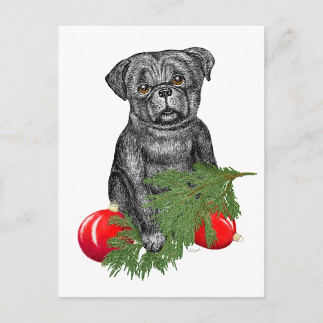 Black Pug Puppy Adorable Christmas Art Holiday Postcard (Front)