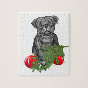 Black Pug Puppy Adorable Christmas Art Jigsaw Puzzle