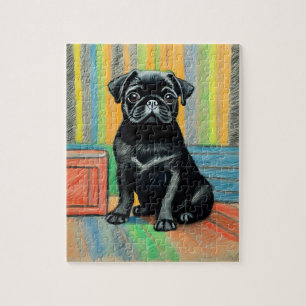 Black Pug puppy crayon art puzzle gift idea 