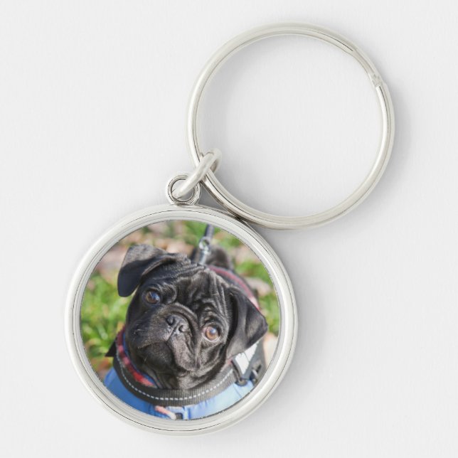 Black Pug Puppy Wearing A Jacket Key Ring (Front)