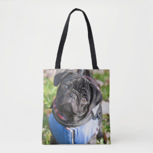 Black Pug Puppy Wearing A Jacket Tote Bag