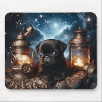 Black Pug Puppy with Vintage Lanterns Mouse Pad