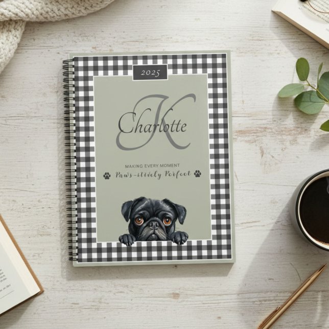 Black Pug Sage Green Gingham Custom Name Monogram Planner (Creator Uploaded)
