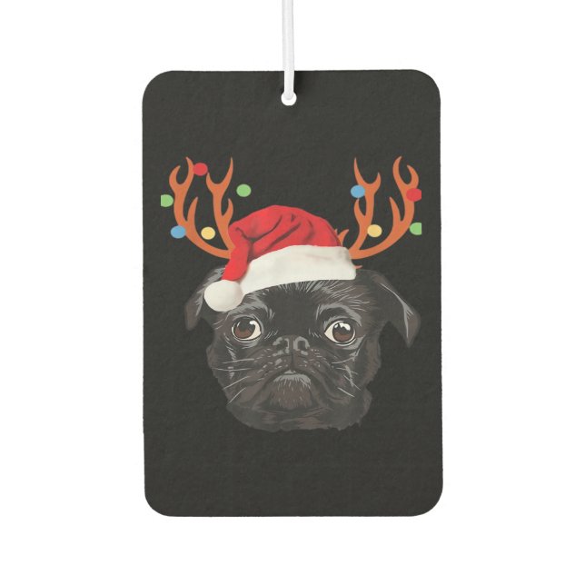 Black Pug Santa Christmas Reindeer Christmas Light Car Air Freshener (Front)