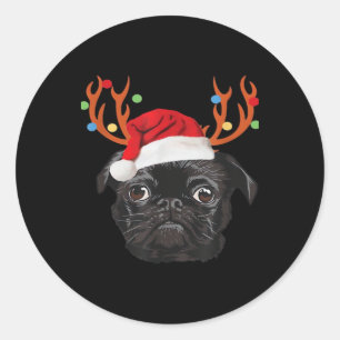 Black Pug Santa Christmas Reindeer Christmas Light Classic Round Sticker