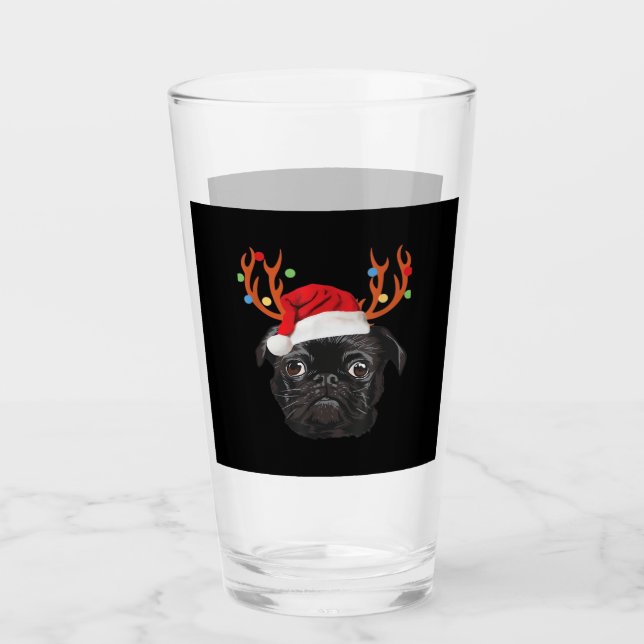 Black Pug Santa Christmas Reindeer Christmas Light Glass (Front)