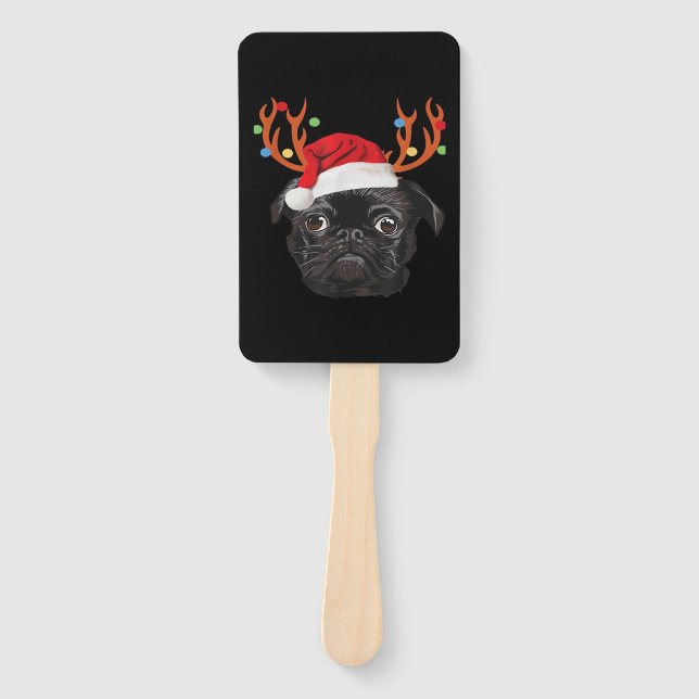 Black Pug Santa Christmas Reindeer Christmas Light Hand Fan (Front)