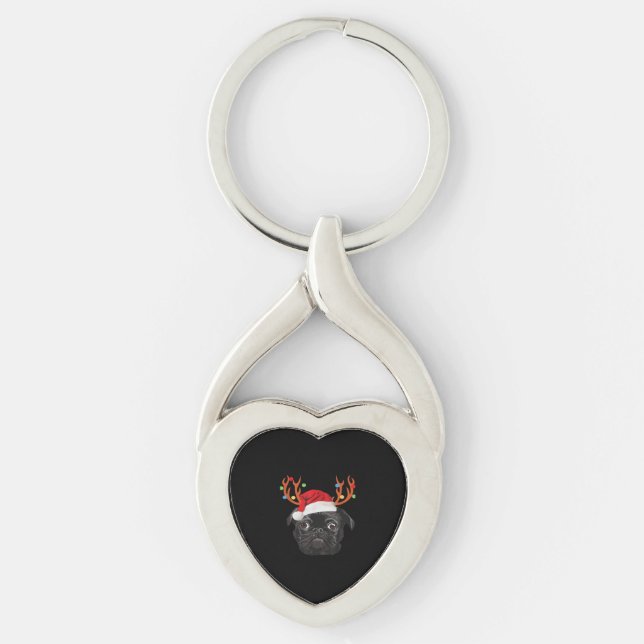 Black Pug Santa Christmas Reindeer Christmas Light Key Ring (Front)