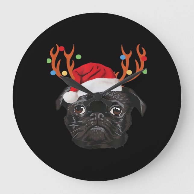 Black Pug Santa Christmas Reindeer Christmas Light Large Clock (Front)