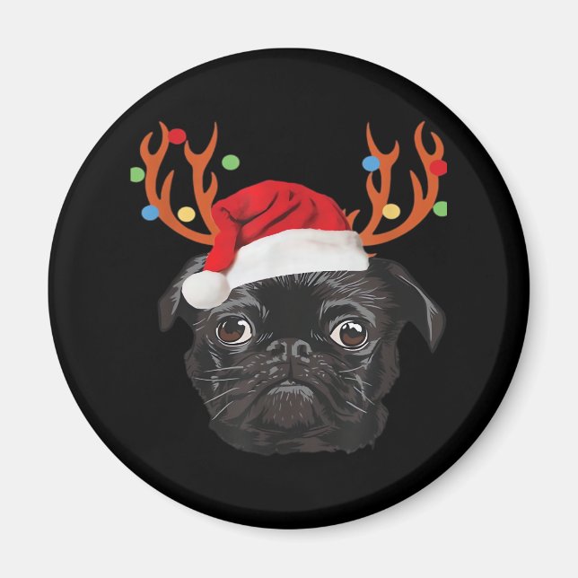 Black Pug Santa Christmas Reindeer Christmas Light Magnet (Front)