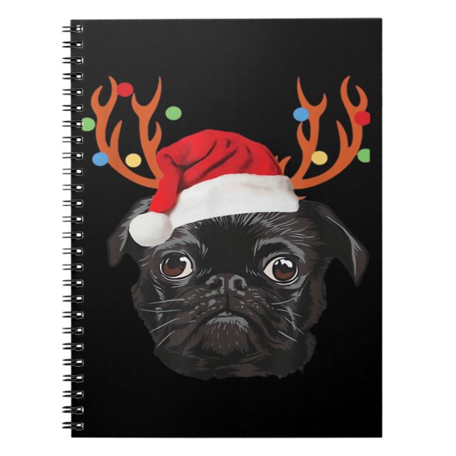 Black Pug Santa Christmas Reindeer Christmas Light Notebook (Front)