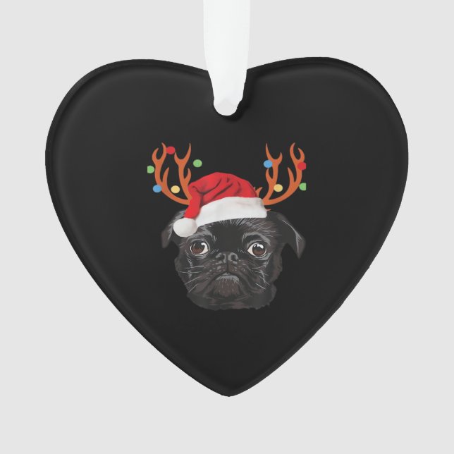 Black Pug Santa Christmas Reindeer Christmas Light Ornament (Front)