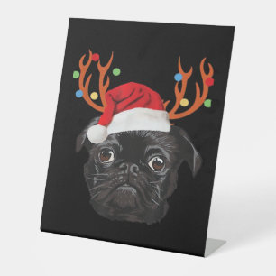 Black Pug Santa Christmas Reindeer Christmas Light Pedestal Sign