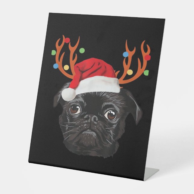 Black Pug Santa Christmas Reindeer Christmas Light Pedestal Sign (Front)