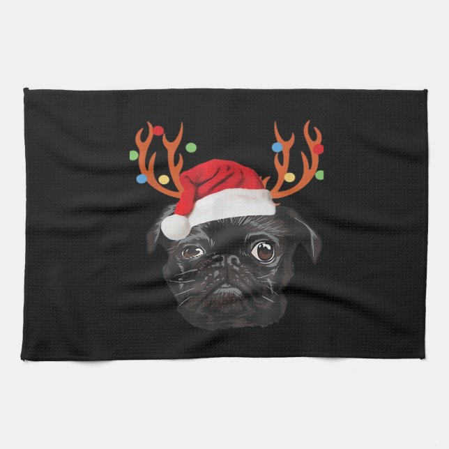 Black Pug Santa Christmas Reindeer Christmas Light Tea Towel (Horizontal)