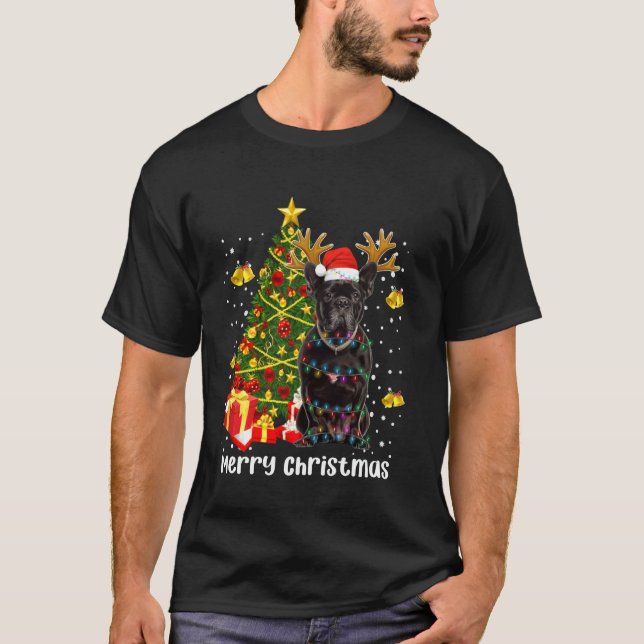 Black Pug Santa Christmas Tree Lights Xmas Reindee T-Shirt (Front)