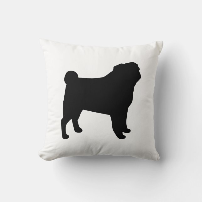 Black Pug Silhouette | Dog Lover's Black and White Cushion (Front)