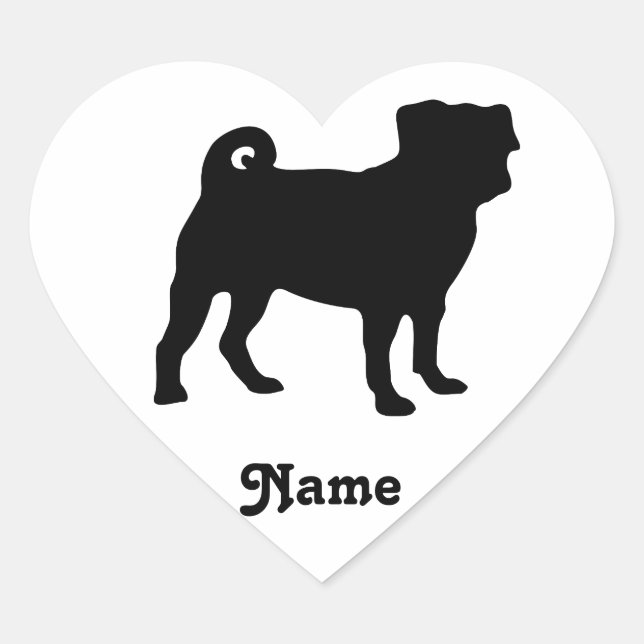 Black Pug Silhouette - Simple Vector Design Heart Sticker (Front)
