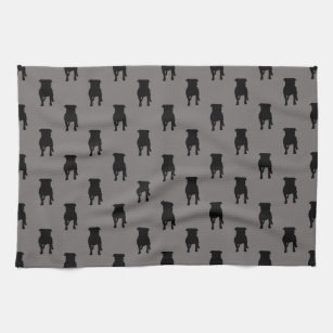Black Pug Silhouettes on Grey Background Tea Towel